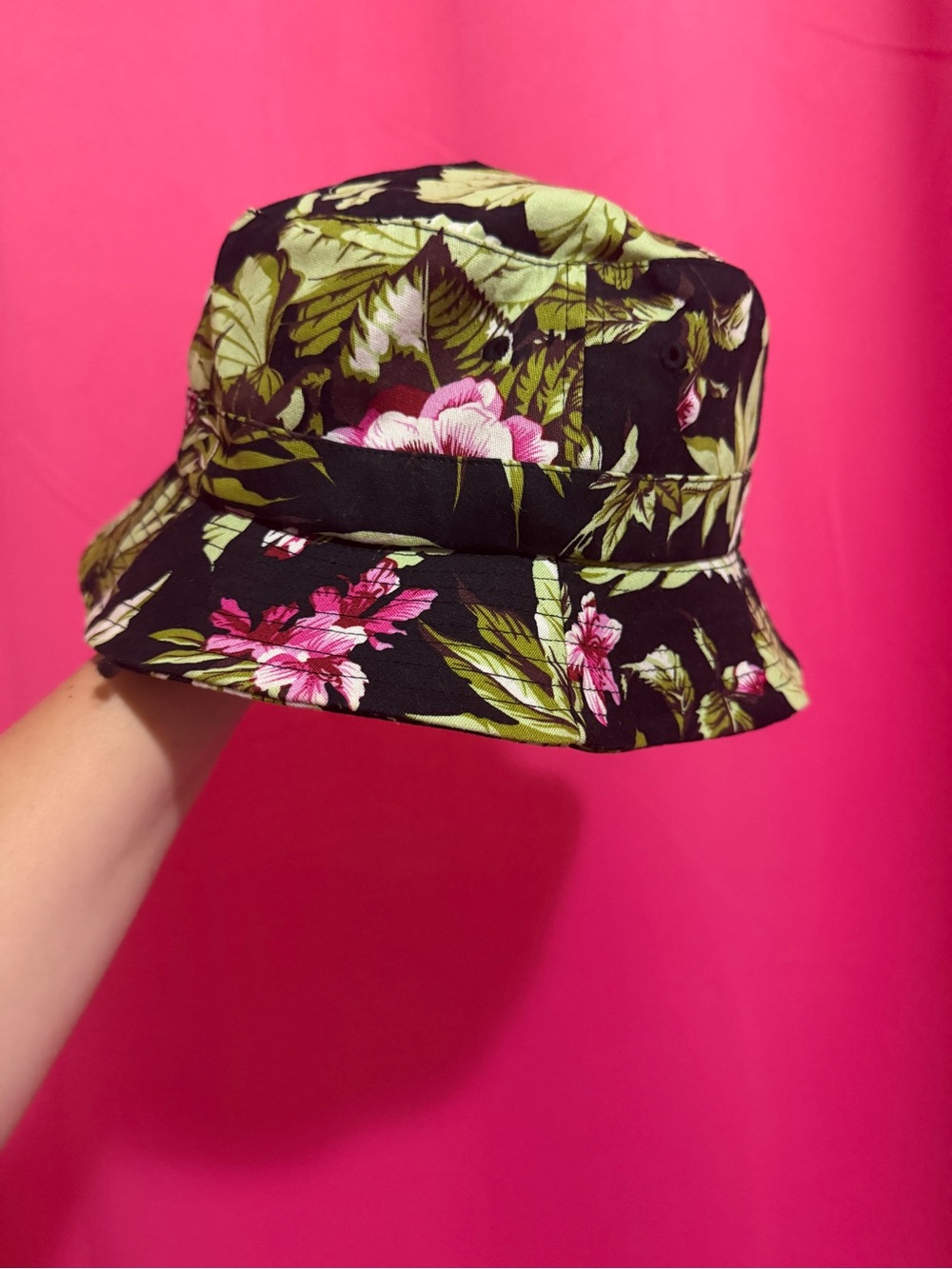Charlie Paige Black Floral Bucket Hat with Pink & Green
